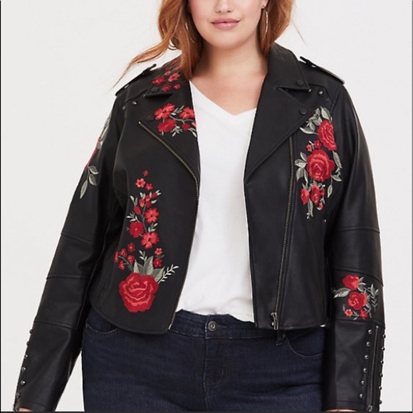 torrid Jackets & Blazers - TORRID BLACK FAUX LEATHER APPLIQUE MOTO JACKET Rose Print Plus Size 1X 14 / 16